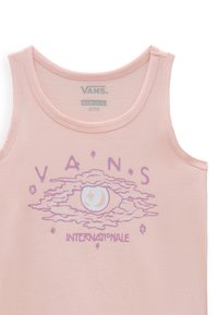 Top de algodón rosa sin mangas con un diseño gráfico que incluye un ojo y el texto "VANS INTERNATIONALE" en púrpura y blanco, con cuello redondo.