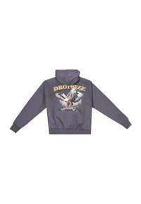 Sudadera gris con un gráfico de un águila con las alas extendidas, la palabra "DROPSIZE" y montañas de fondo. Material de mezcla de algodón.