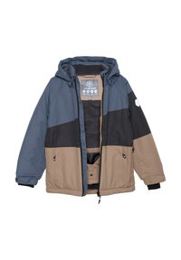 Veste isolée Color Kids avec capuche, fermeture éclair à l'avant et poches. Elle présente un design coloré en bleu, noir et beige.