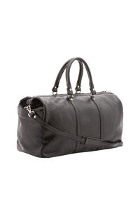 Borsa a mano in pelle nera con doppio manico superiore, tracolla regolabile, chiusura con zip e dettagli in cucitura verticale per un design strutturato.