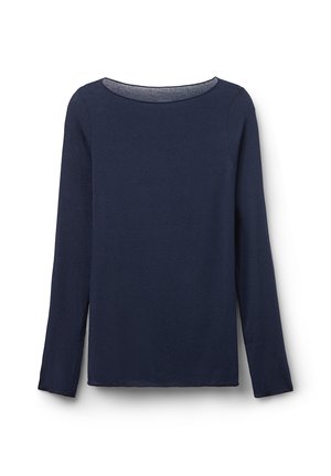 Long-sleeve navy blue top made of soft fabric, featuring a rounded neckline and a relaxed fit. Hem and sleeve edges are neatly finished.