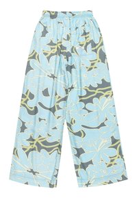 Pantalons larges à motifs bleu clair avec des designs floraux et des accents gris et jaunes, dotés d'une taille élastique et d'une poche latérale.