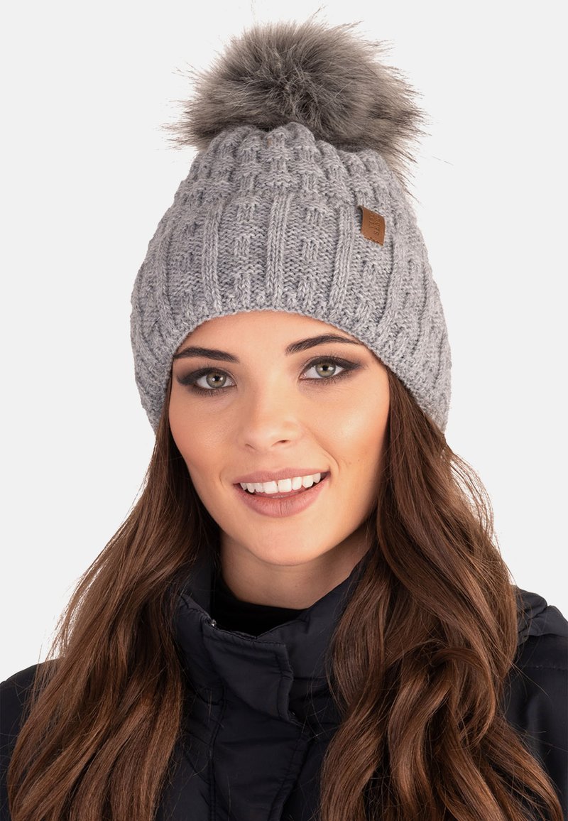 VIVISENCE Bonnet pour Femme L'automne Et l'hiver Classique en Laine avec Ajustement Parfait Deux Plis À L'arrière Motif Zigzag Élégant Doublure Isolante pour Confort Supérieur, Graphite,Taille Unique