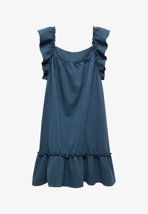 Robe bleue sans manches avec bretelles volantées et un ourlet à volants en tissu texturé.
