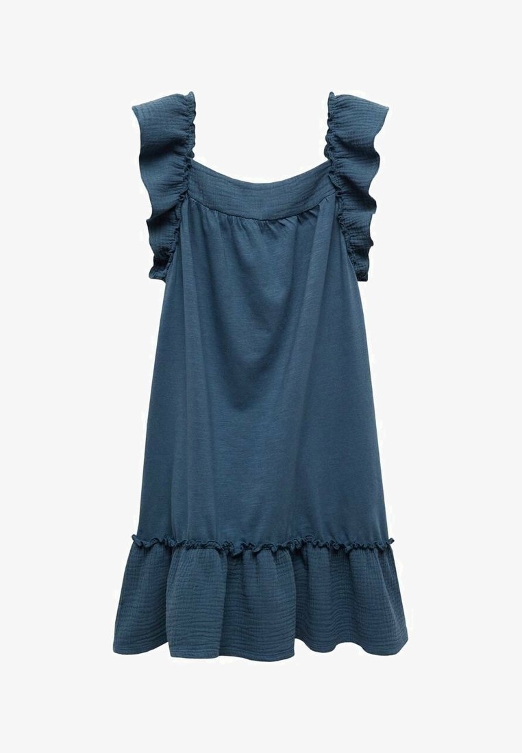 Robe bleue sans manches avec bretelles volantées et un ourlet à volants en tissu texturé.