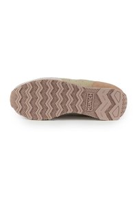 Shoe sole with a wavy tread pattern, made of rubber. Color includes tan and light brown accents, with branding on the heel.