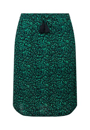 Grüne Leopardenmuster-Rock mit elastischem Bund und schwarzem Kordelzug. Verfügt über Quastenakzente und eine gerade Silhouette.