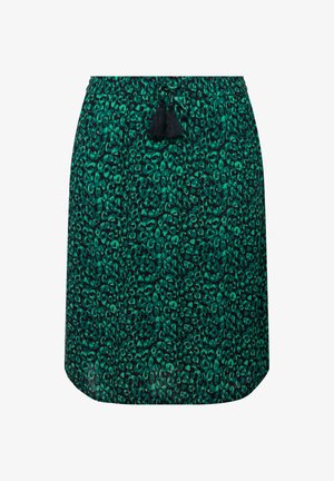 Groene luipaardprint rok met een elastische tailleband en een zwarte trekkoord. Heeft franjerandaccenten en een rechte snit.