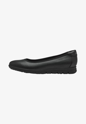 Black ballet flats with a textured perforated upper, rounded toe, and flexible rubber sole. Smooth accents near the heel.
