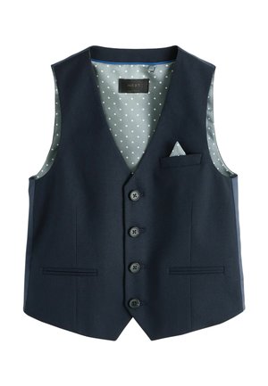 Gilet homme formel bleu marine avec quatre boutons, deux poches avant et une doublure bleu clair à pois avec une pochette assortie.