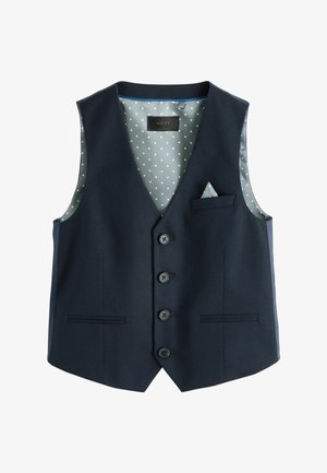 Pánska formálna vesta námorníckej modrej farby so štyrmi gombíkmi, dvoma prednými vreckami a svetlomodrou bodkovanou podšívkou s rovnakým vreckovkou.
