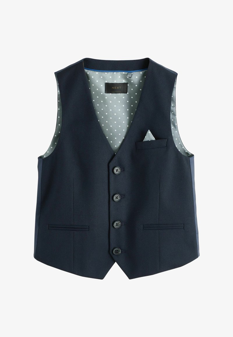 Gilet homme formel bleu marine avec quatre boutons, deux poches avant et une doublure bleu clair à pois avec une pochette assortie.