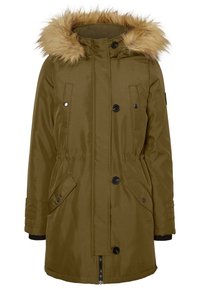 Olive green parka jacket with a faux fur-lined hood, drawstring waist, two front flap pockets, and black button accents.