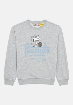 Felpa grigio chiaro con Snoopy che tiene una racchetta da tennis e la scritta "Peanuts tutto l'anno dal 1950" sulla parte anteriore.