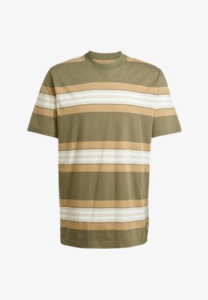 Olivengrønn t-skjorte med horisontale striper i beige, hvit og lys brun. Korte ermer, rund hals og en liten logo ved sømmen.