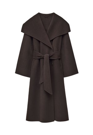 Brown wool coat with large collar, wide sleeves, and a belted waist. Features a single button closure and a textured finish.