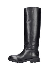 Zwarte leren kniehoog laars met een gladde textuur, ronde neus en een lage gestapelde hak. Beschikt over minimalistische stiksels en een subtiel logo detail.