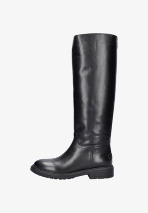 Zwarte leren kniehoog laars met een gladde textuur, ronde neus en een lage gestapelde hak. Beschikt over minimalistische stiksels en een subtiel logo detail.