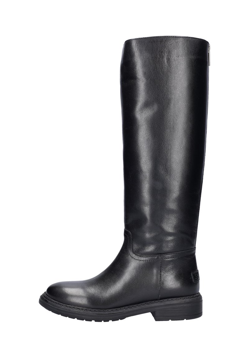 Zwarte leren kniehoog laars met een gladde textuur, ronde neus en een lage gestapelde hak. Beschikt over minimalistische stiksels en een subtiel logo detail.