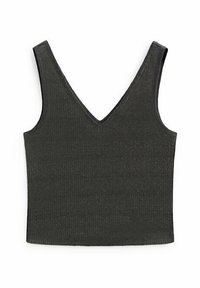 Top in maglia a costine grigio scuro, con scollatura a V profonda e spalline larghe, caratterizzato da una silhouette aderente e una texture liscia.