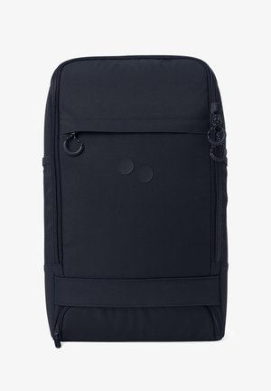 Schwarzer Rucksack aus strukturiertem Stoff, mit einer vorderen Reißverschlusstasche, zwei runden Akzenten und einem seitlichen Reißverschluss zur Erweiterung.