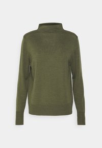Olive green sweater with a high neckline, long sleeves, and ribbed cuffs. Made of soft, textured fabric with a simple, fitted design.