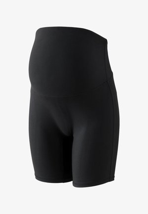 Fekete kismama kerékpáros rövidnadrág magas, támogató derékpánttal és combközépig érő hosszúsággal, kifejezetten kismamák számára tervezve.