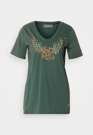 T-shirt en coton vert avec un col en V, à manches courtes, présentant des graphismes d'ailes et le texte "Rock 'n' Roll", orné de sequins.