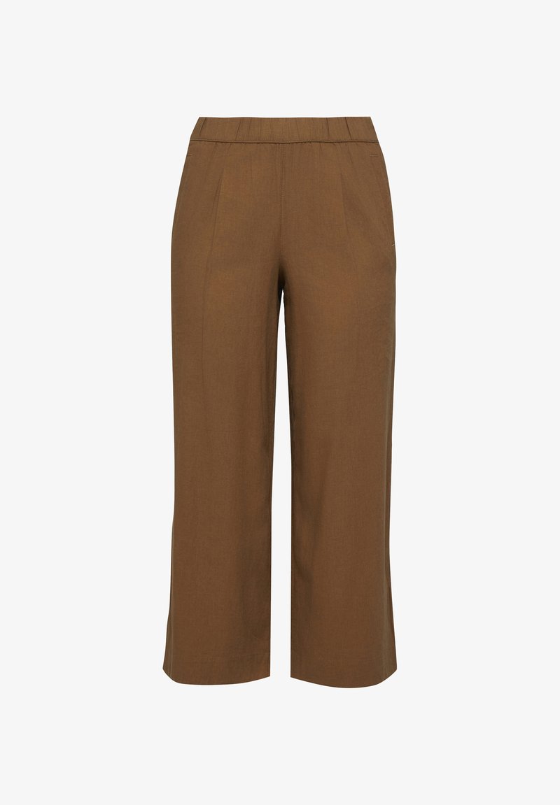 Pantalon marron large et court avec une taille haute élastique et des détails subtils de couture à l'avant.