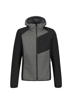 Miesten huppari, jossa on täysipitkä vetoketju, mustat hihat ja harmaat etupaneelit mustalla vinoviivalla sekä vetoketjulliset taskut.