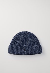 Berretto a maglia di colore blu scuro con puntini blu chiaro, presenta un risvolto, un motivo testurizzato e un piccolo etichetta con il marchio sul lato.