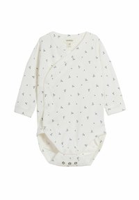 Biały bodysuit dla niemowląt z długim rękawem w designie z owijanym dekoltem, zdobiony małymi niebieskimi kwiatowymi wzorami oraz zatrzaskami na dole, co ułatwia zakładanie.