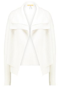 Vit cardigan med en texturerad sjalkrage, ribbade ärmslut och nederkant. Har en öppen framdesign och mjukt stickat material.