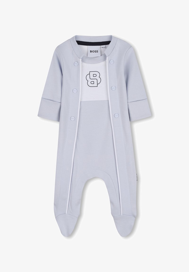 Combinaison pour bébé bleu clair avec pieds, boutons-pression, logo BOSS sur la poitrine et manches longues.
