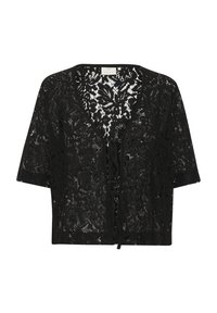 Cardigan court à manches courtes en dentelle noire avec motif floral et fermeture à nouer à l'avant, léger et semi-transparent.