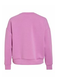 Vue arrière d'un sweat-shirt violet clair uni à manches longues, avec poignets et ourlet côtelés, sur fond blanc.