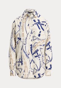 Chemise à boutons en crème avec des motifs abstraits bleus et beiges. Comprend un col classique et des manches longues, fabriquée à partir d'un tissu léger.