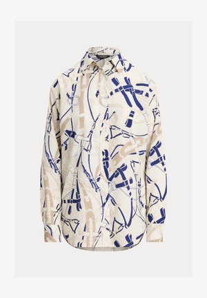 Knoopshirts in cream met blauwe en beige abstracte patronen. Heeft een klassieke kraag en lange mouwen, gemaakt van lichte stof.