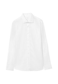 Camicia bianca a maniche lunghe con bottoni in cotone. Presenta un colletto appuntito, una patta frontale con bottoni e polsini standard senza motivi.