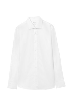 Camicia bianca a maniche lunghe con bottoni in cotone. Presenta un colletto appuntito, una patta frontale con bottoni e polsini standard senza motivi.