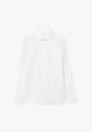 Camicia bianca a maniche lunghe con bottoni in cotone. Presenta un colletto appuntito, una patta frontale con bottoni e polsini standard senza motivi.