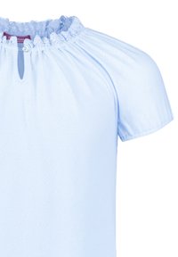 Light blue cotton blouse with short puff sleeves, features a lace-trimmed neckline and a small keyhole opening at the front. Subtle heart pattern.