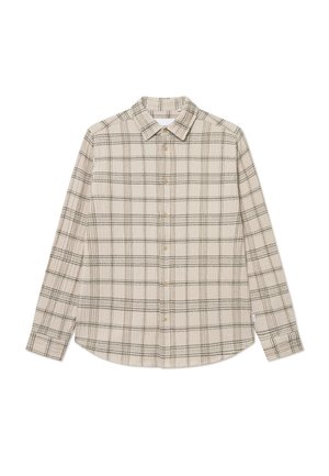Camicia a scacchi beige con maniche lunghe, presenza di bottoni sul davanti e colletto a punta. Presenta un motivo a quadri in verde scuro e beige chiaro.