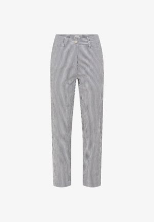 Slim-fit pants with vertical black and white stripes, front button closure, and belt loops, displayed on a white background.