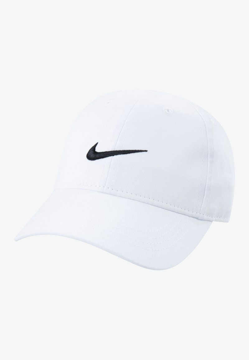 Bela bejzbolska kapa iz bombaža s serklastim vizirjem, na sprednji strani z črnim vezenim Nike logotipom. Mehka tekstura s prezračevalnimi luknjami.