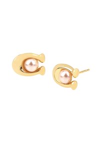 Gold-tone metal earrings featuring a circular design with a pink pearl in the center. Smooth finish with rounded accents.