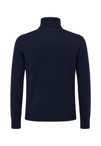 Maglione dolcevita blu navy, tessuto a maglia, design aderente, collo e polsini a coste, texture liscia, colore uniforme, senza motivi o decorazioni.