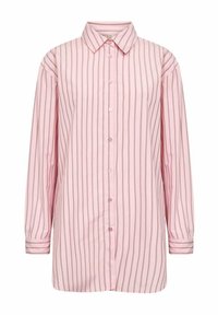 Camicia rosa a manica lunga con bottoni sul davanti, colletto a punta e righe verticali in rosa scuro. Realizzata in tessuto morbido con vestibilità comoda.