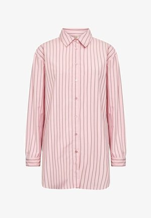 Camicia rosa a manica lunga con bottoni sul davanti, colletto a punta e righe verticali in rosa scuro. Realizzata in tessuto morbido con vestibilità comoda.