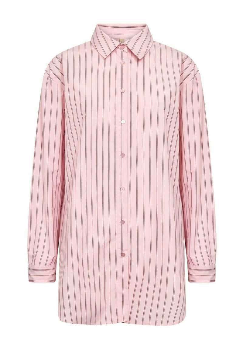 Camicia rosa a manica lunga con bottoni sul davanti, colletto a punta e righe verticali in rosa scuro. Realizzata in tessuto morbido con vestibilità comoda.